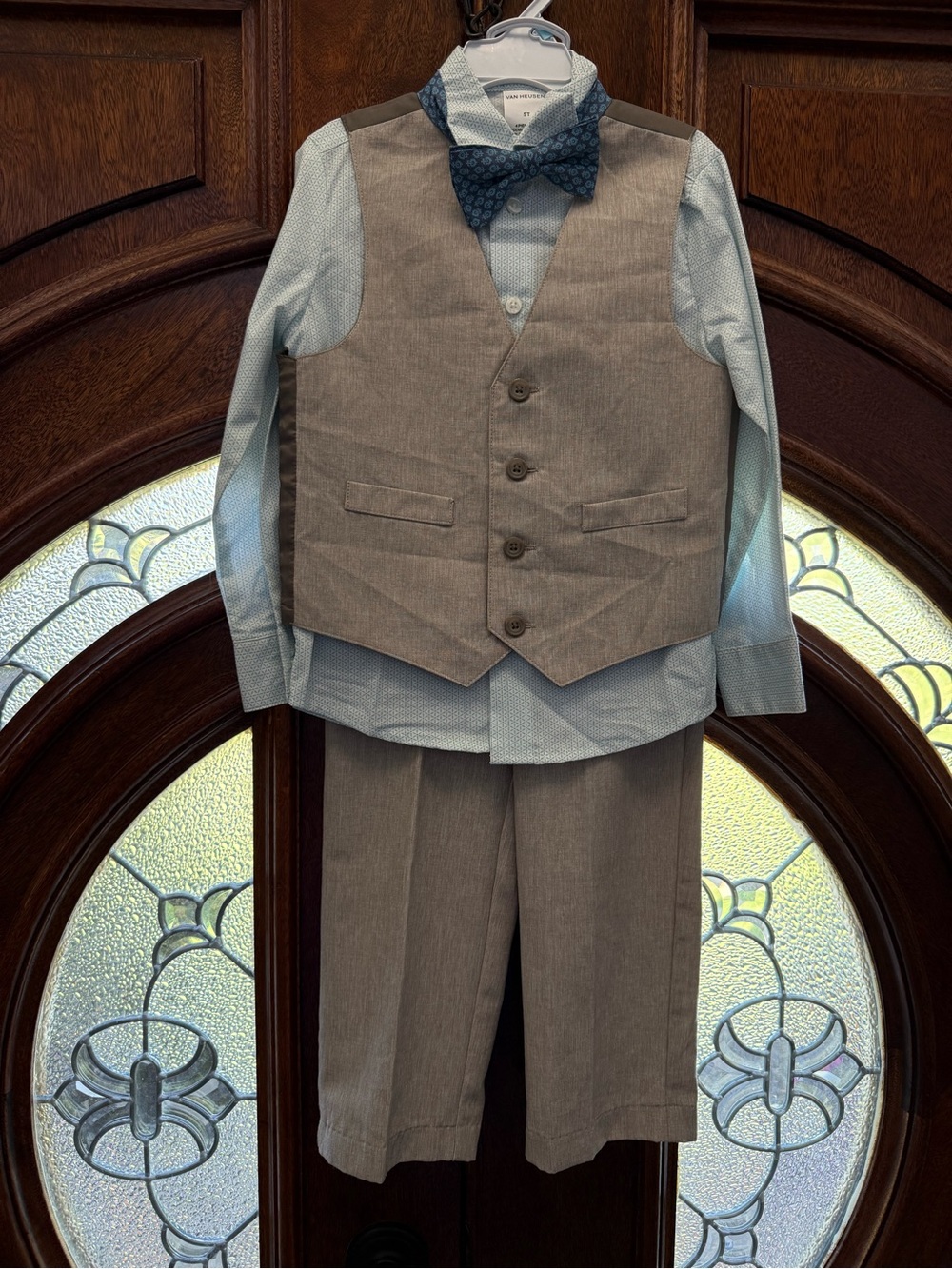 Van Heusen Gray Vest & Trouser Set with Light Blue Shirt and Navy Bow Tie